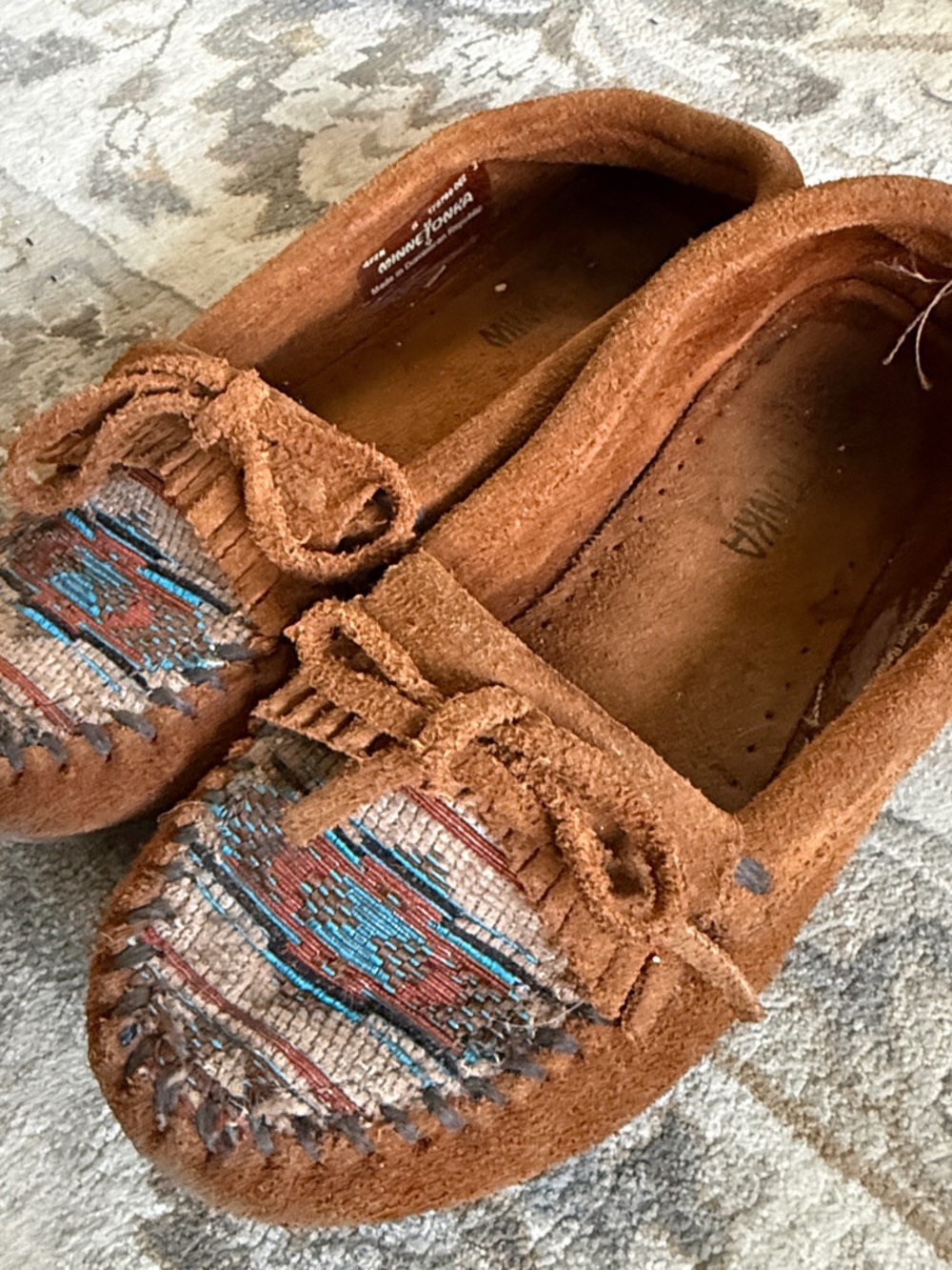 Minnetonka Kids Brown Suede Moccasins with Turquoise Aztec Accent
